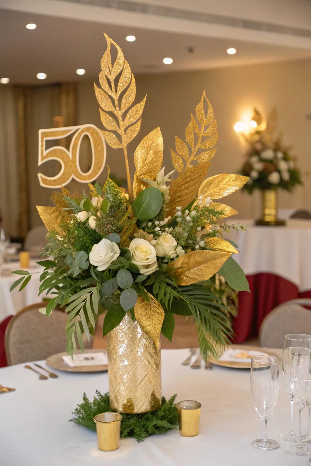 Bouquets with gold-painted leaves add lush elegance to the tables.