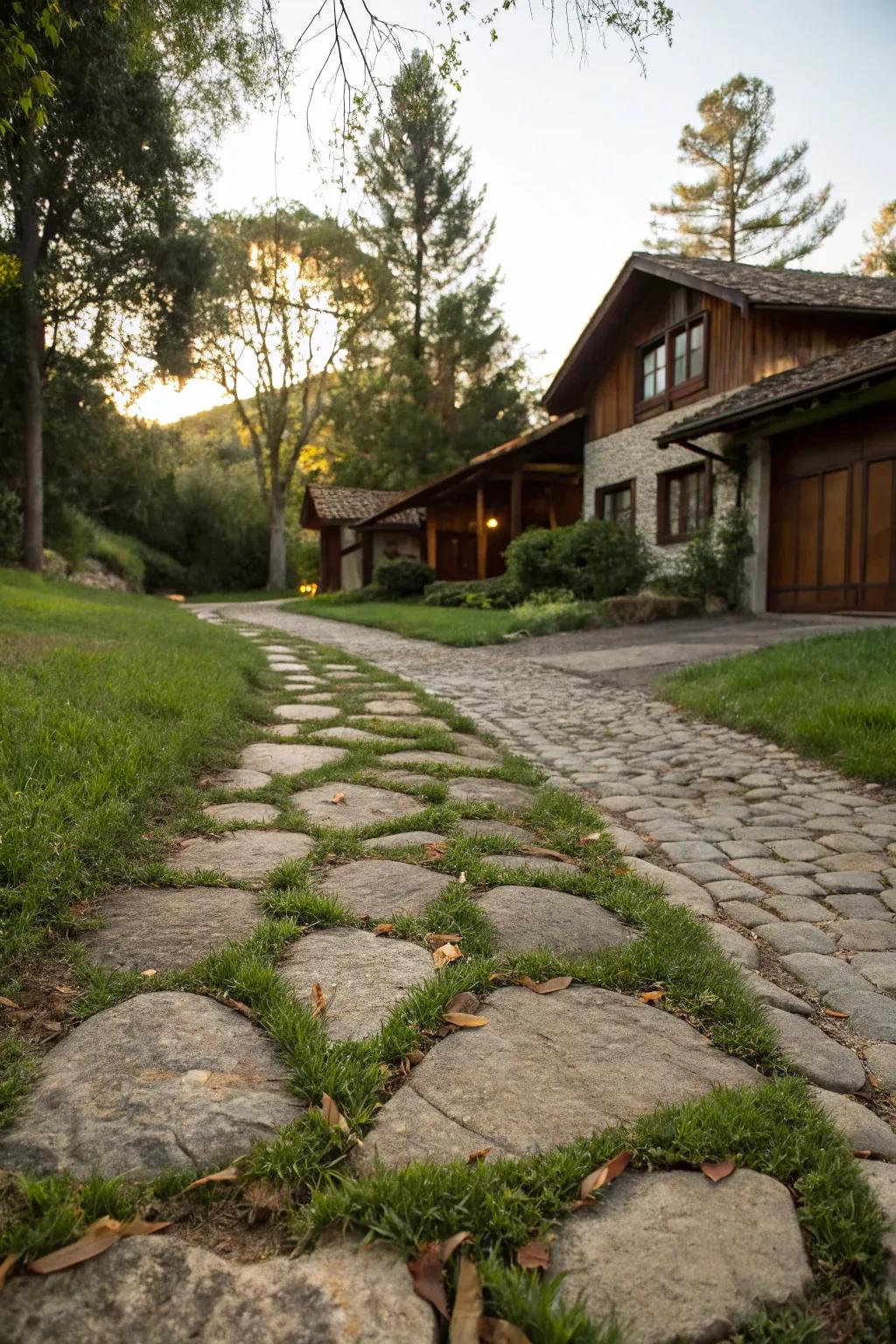 Irregular stones and grass create a natural, organic vibe.