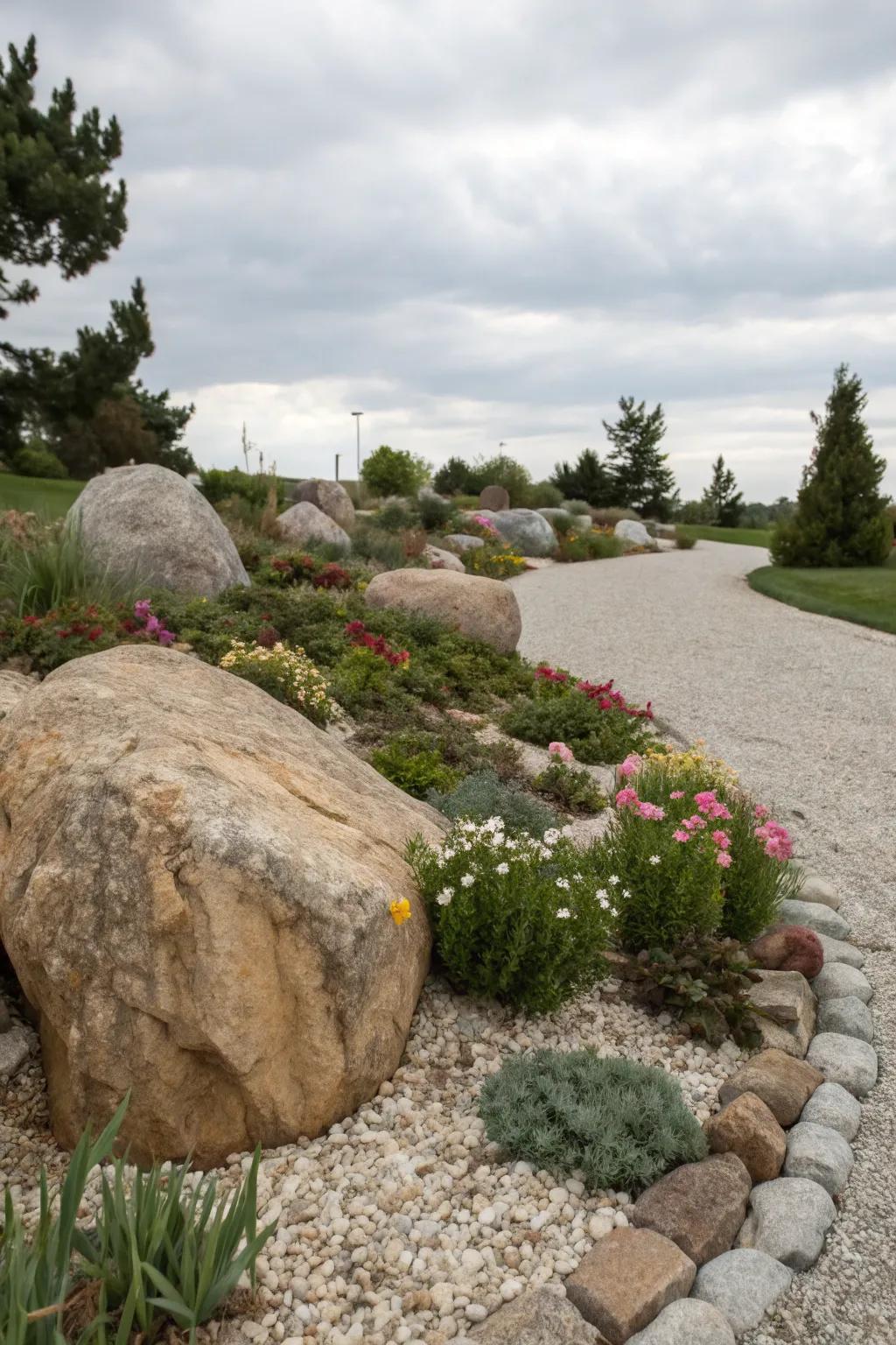 A bold gravel flower bed with striking boulders