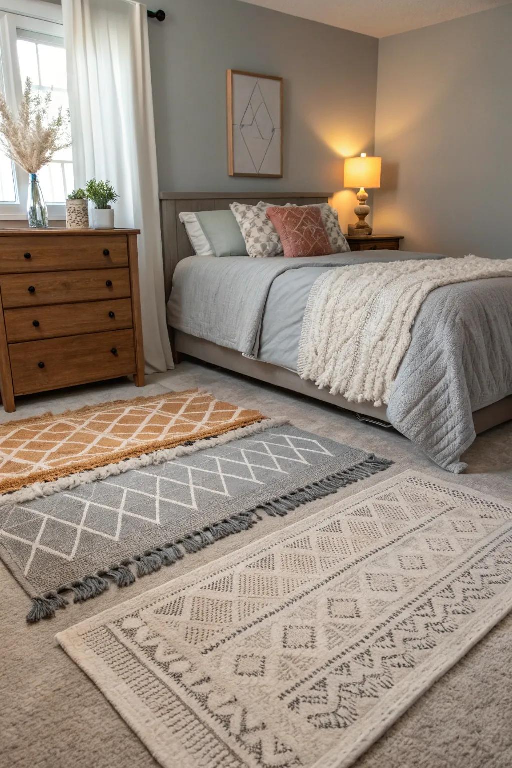 Layered rugs provide comfort and style in a gray bedroom.