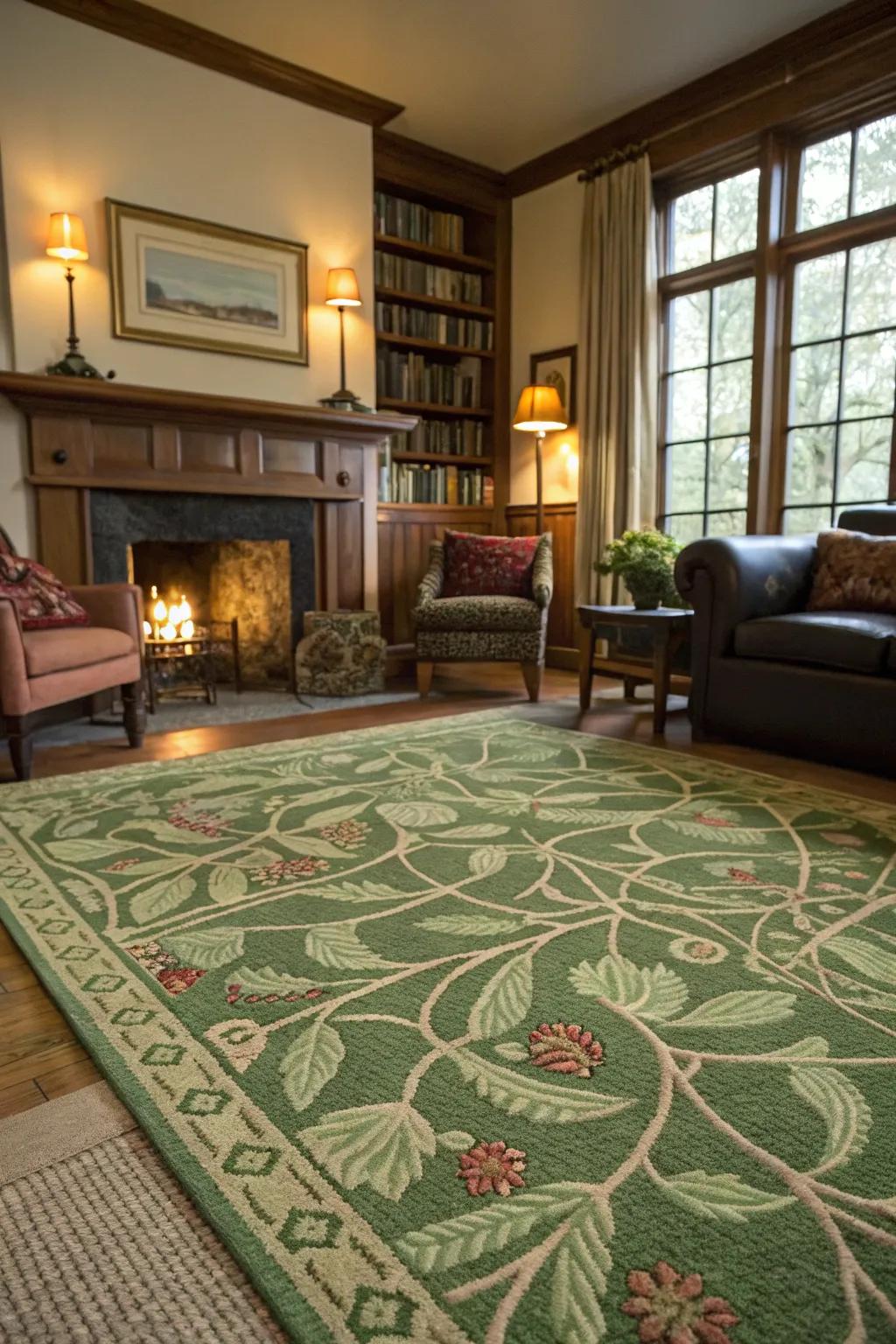 A green rug anchors the room and adds warmth and texture.