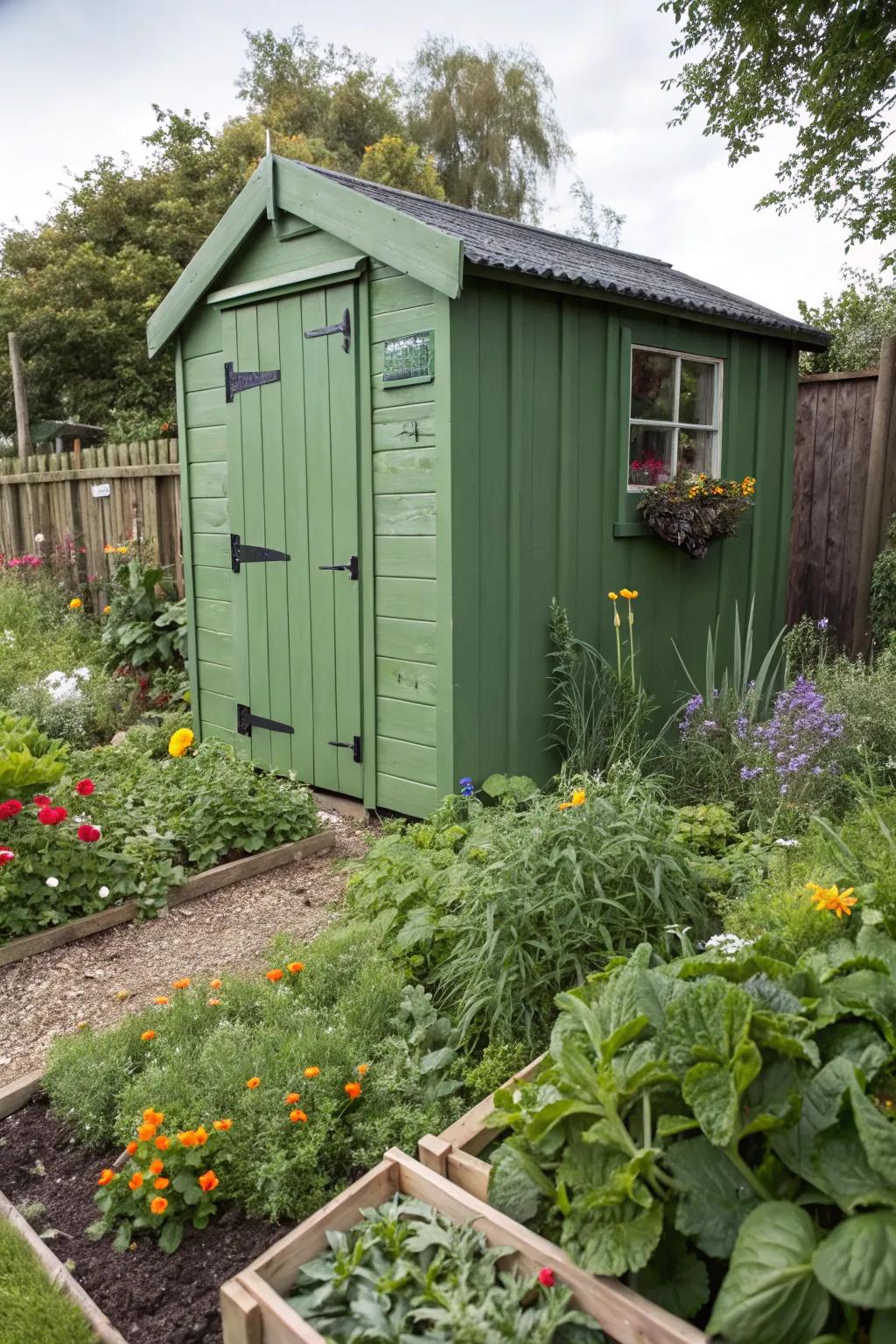 Eco-friendly paint adds sustainable charm to a green shed.