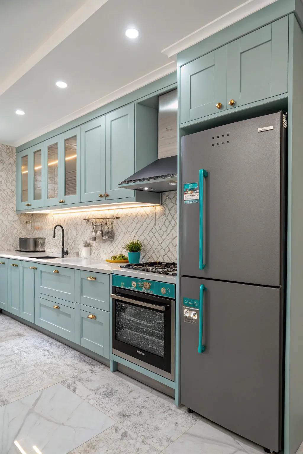 Turquoise details on grey appliances offer a subtle yet stylish touch.