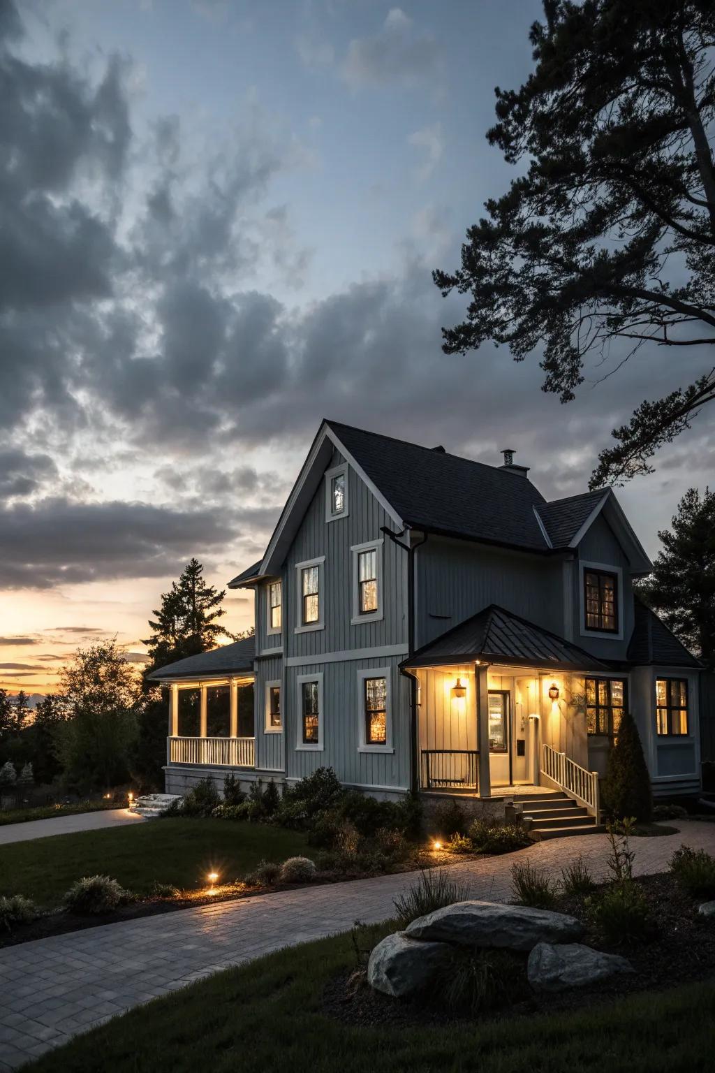 Dramatic lighting highlights a grey facade.