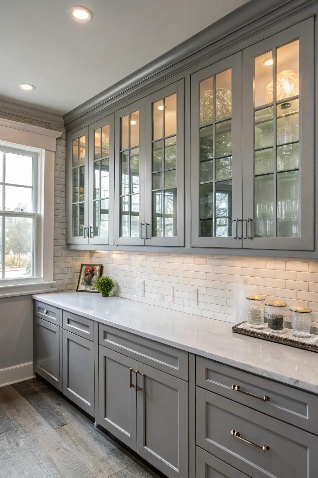 Glass elements add elegance and openness to a grey kitchen.