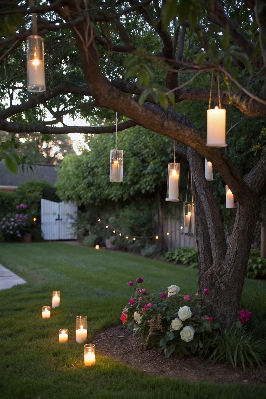 Floating candles casting a magical glow in the Halloween night.