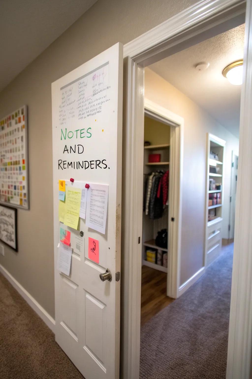 A message board in a hallway closet for personal notes and reminders.