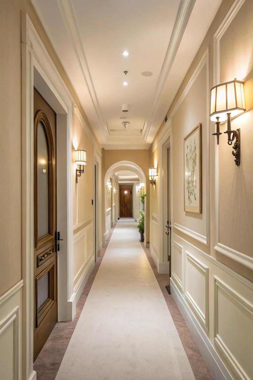 Neutral colors paired with thoughtful lighting brighten hallways.