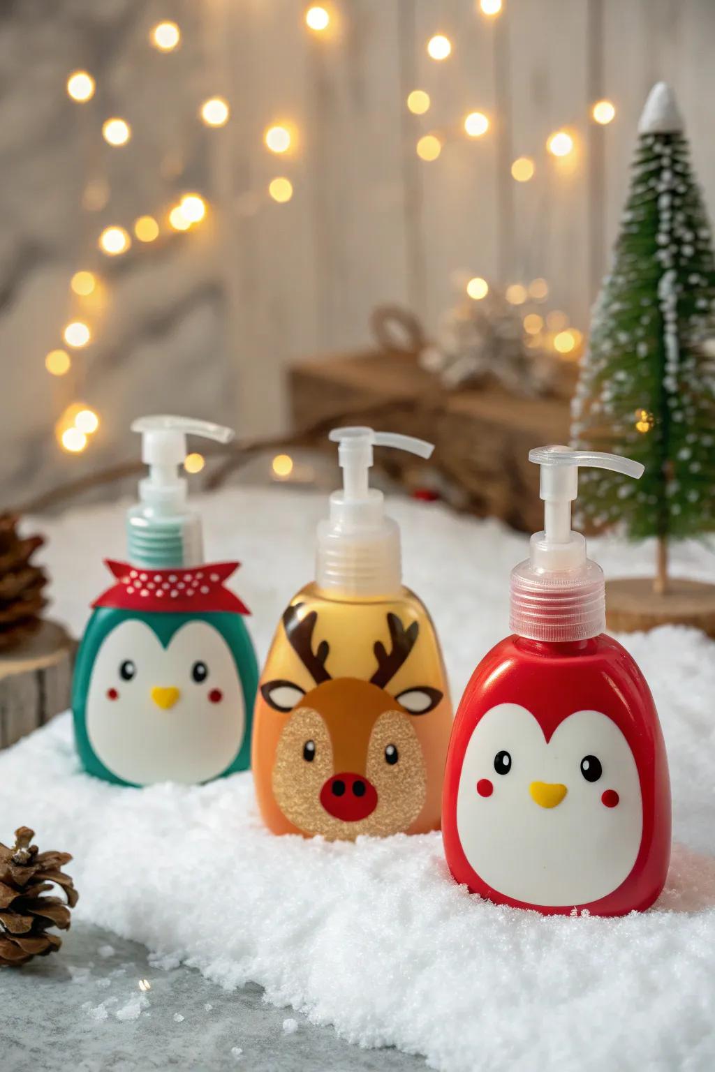 Whimsical animal-shaped hand soap bottles for holiday fun