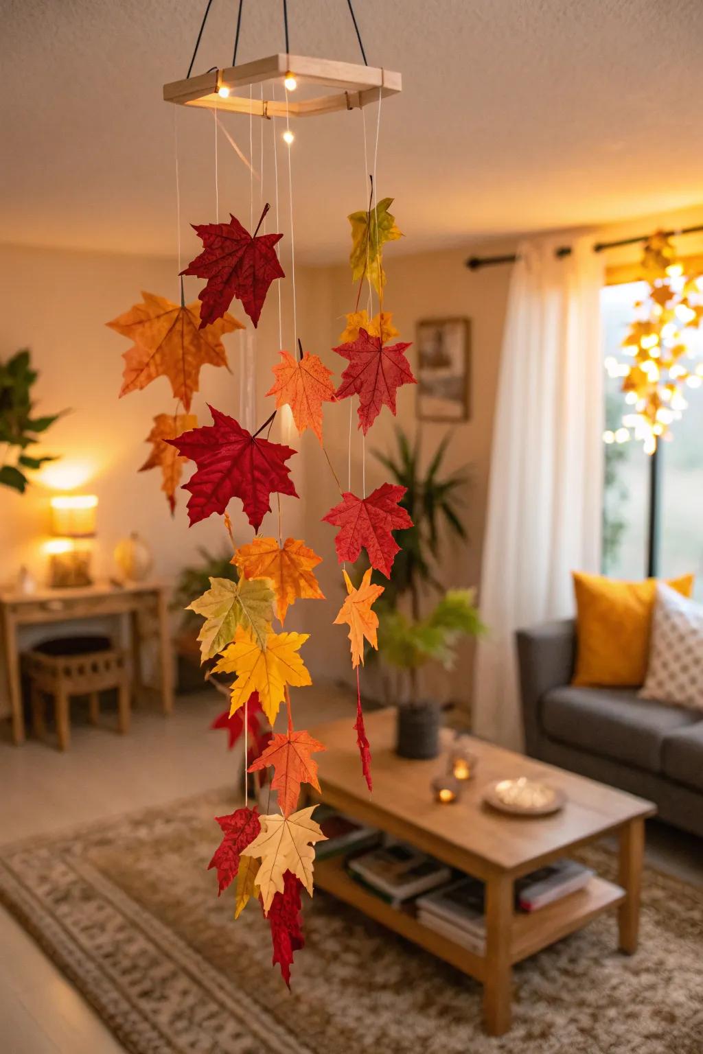 A whimsical autumn leaf mobile bringing movement.