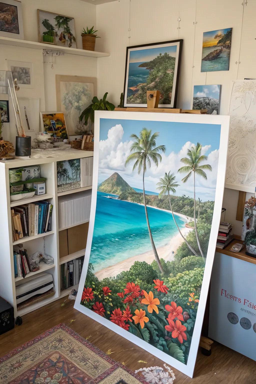 A surreal Hawaiian dreamscape poster enhancing a creative room.