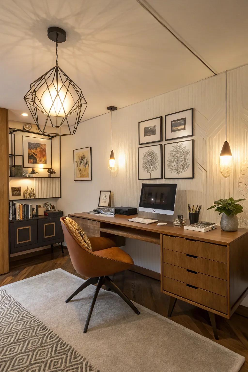 Vintage-inspired lighting adds nostalgic charm to any workspace.