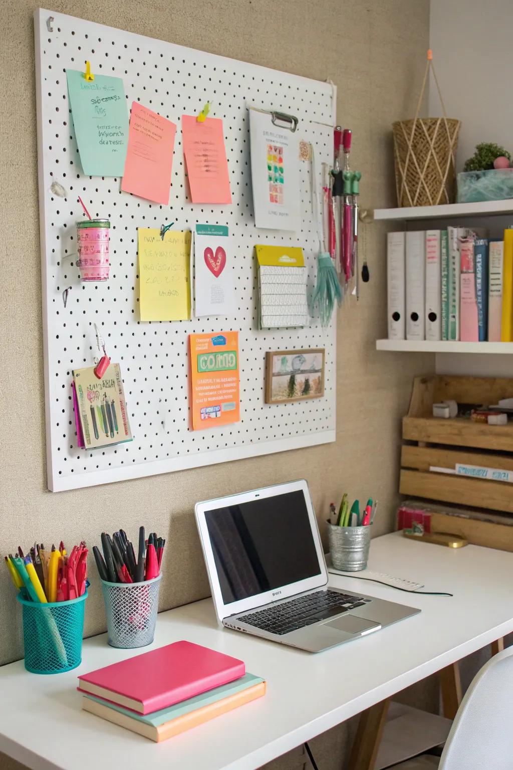 A pegboard offers flexible storage solutions.