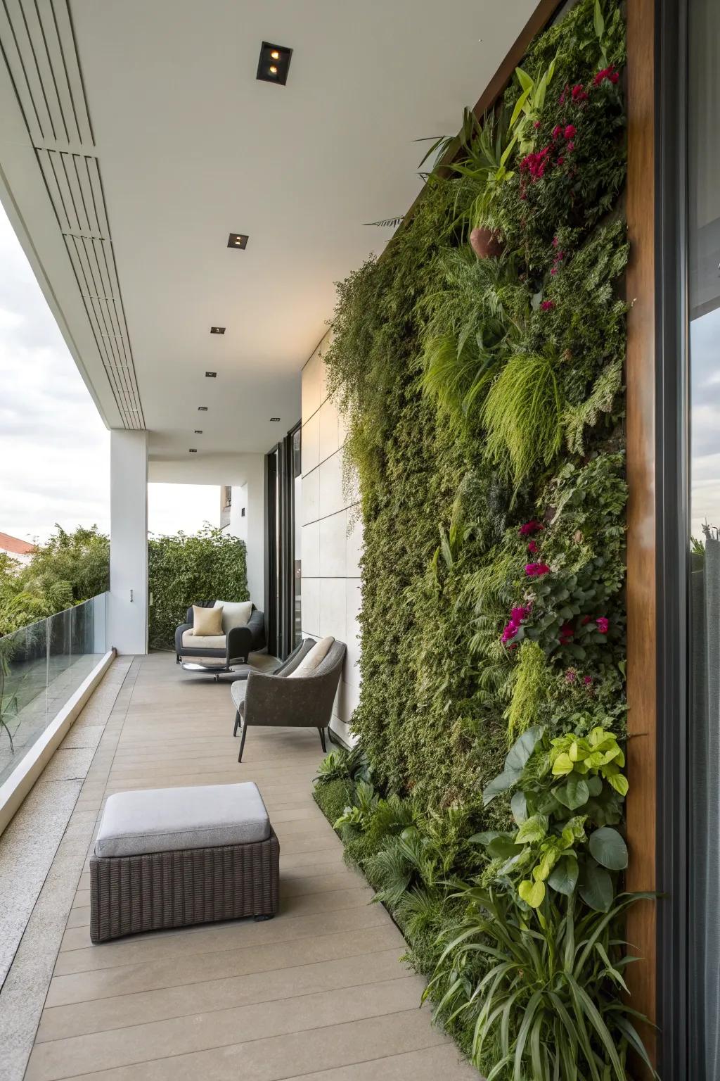 A vertical garden adds lush greenery to this modern porch.