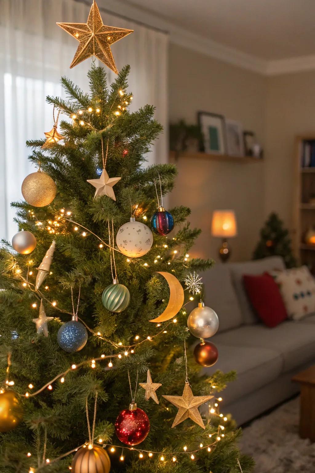 A starry night-themed Christmas tree with celestial decorations and twinkling lights.