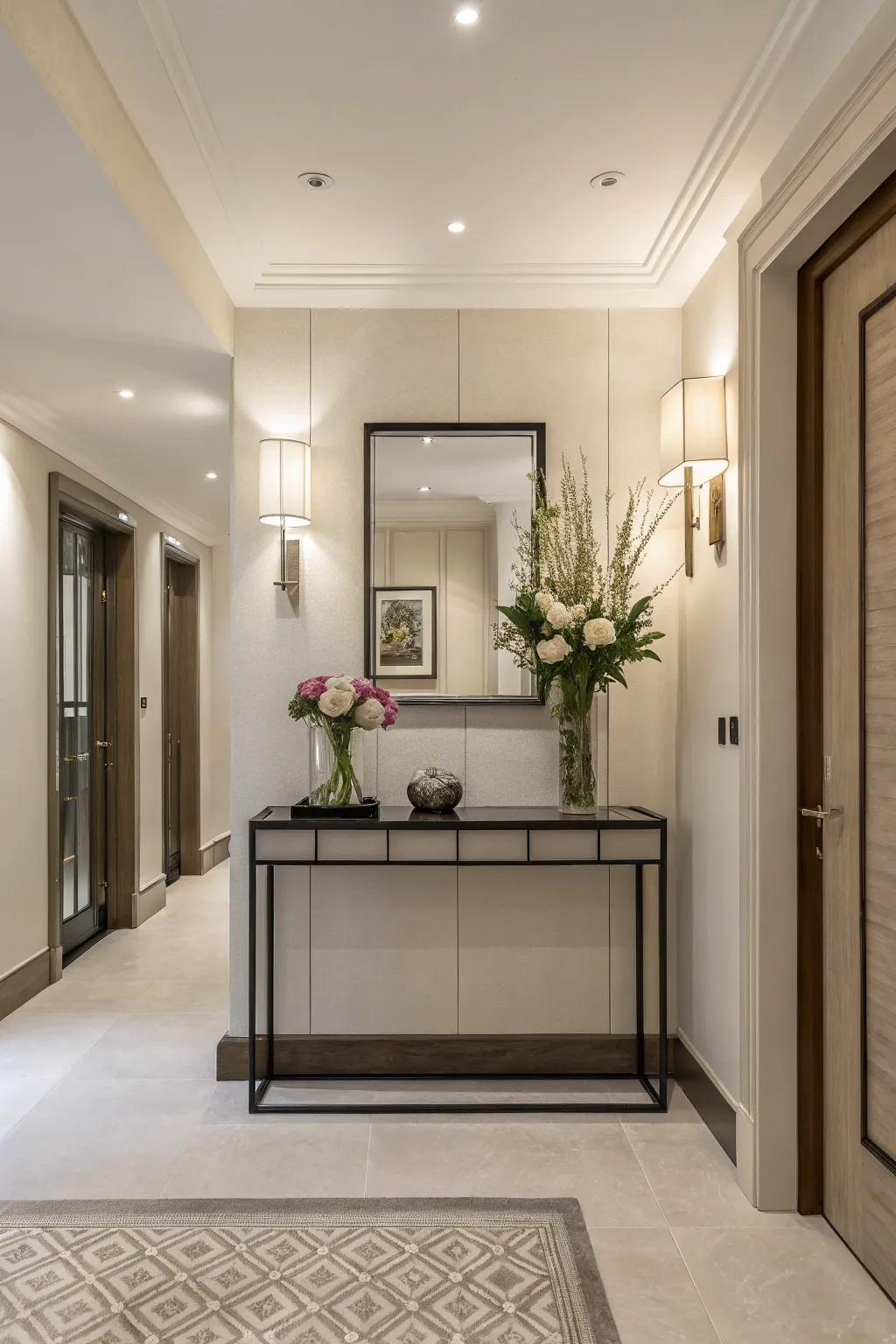 A minimalist design with clean lines creates a refined entryway.