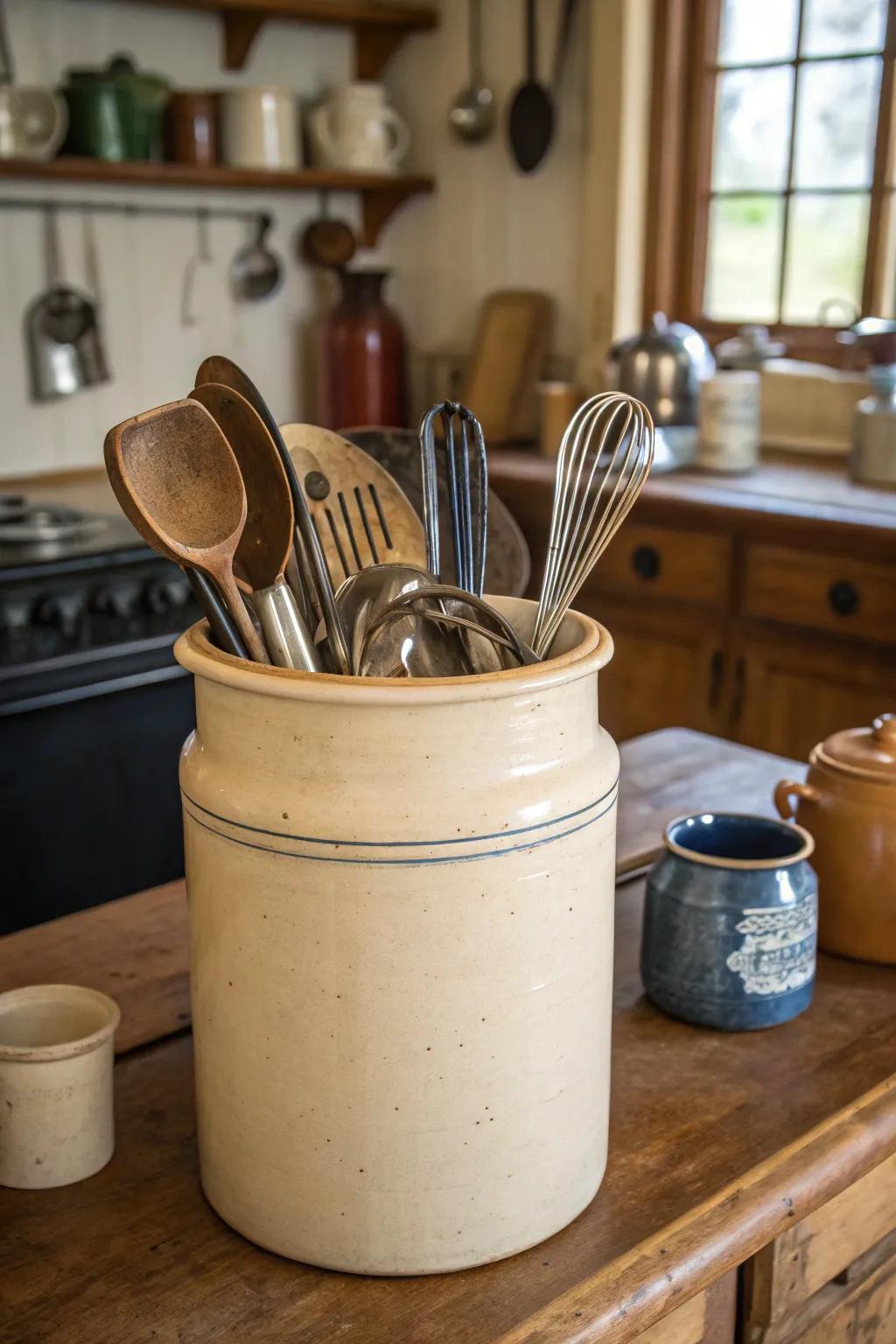 Antique stoneware adding character to utensil storage.