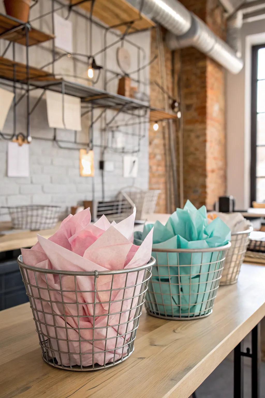 Wire baskets provide easy access to tissue paper.