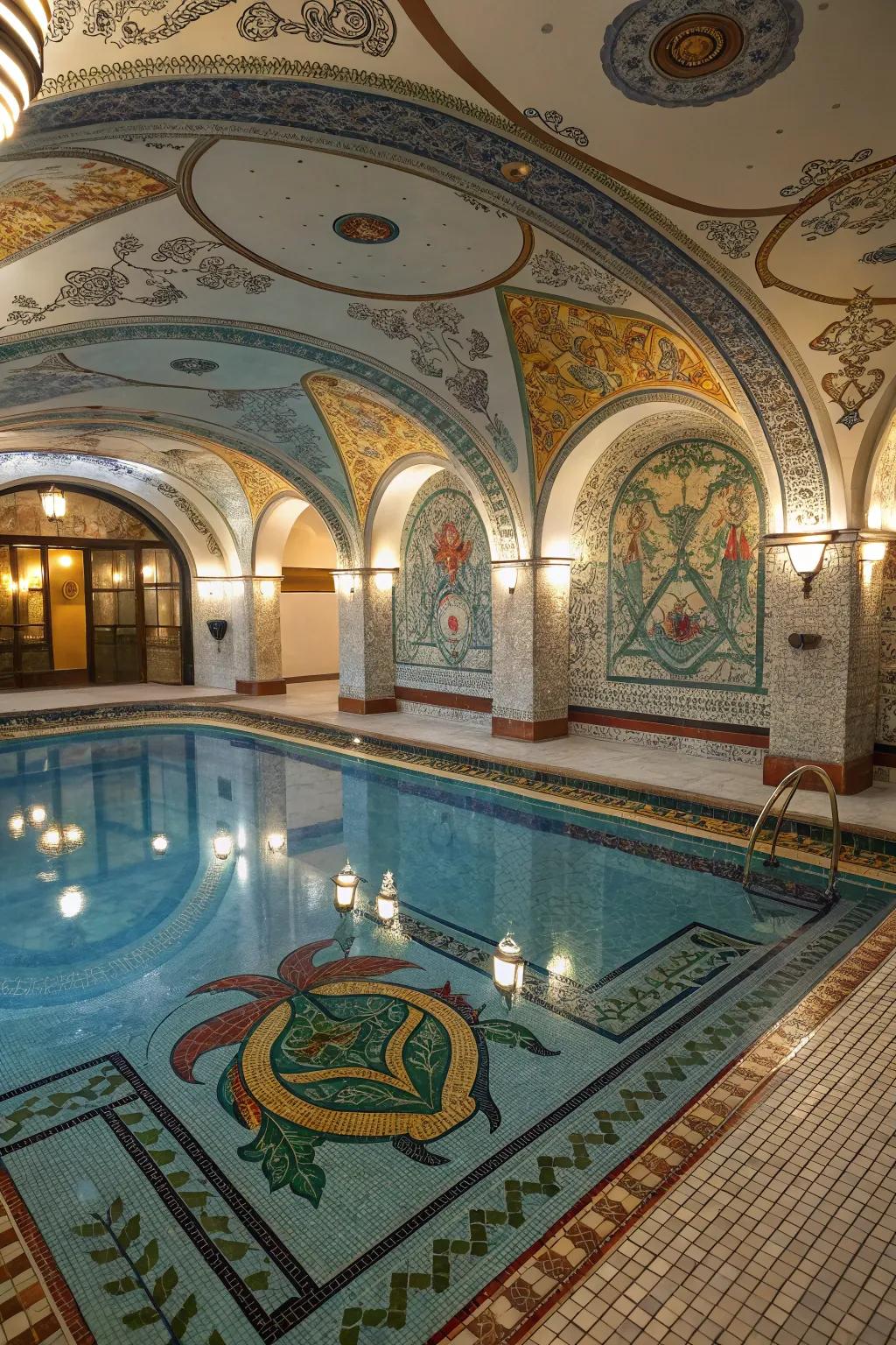 An indoor pool with unique artistic tile patterns