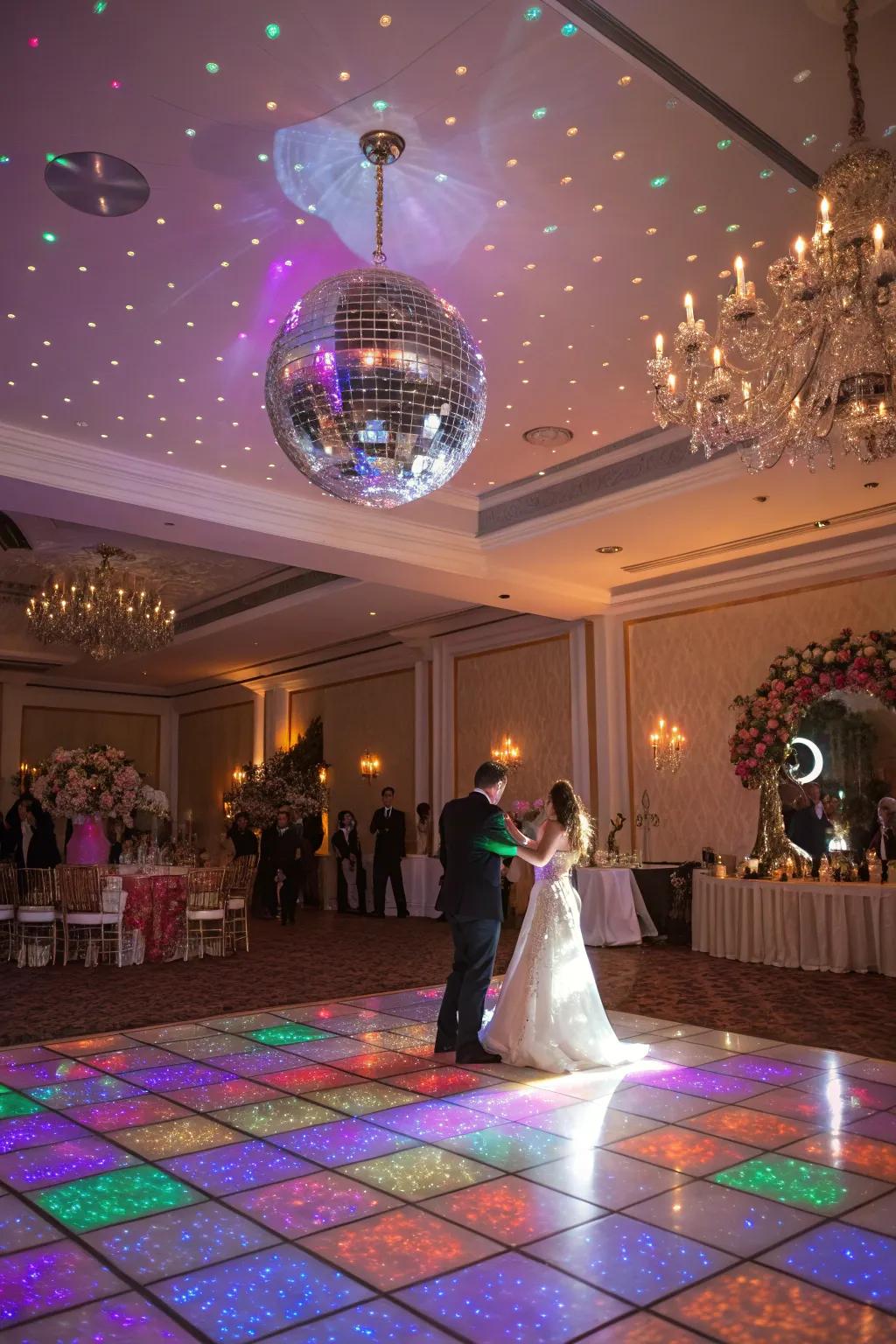 Disco ball adding glitz and sparkle to the wedding dance floor.