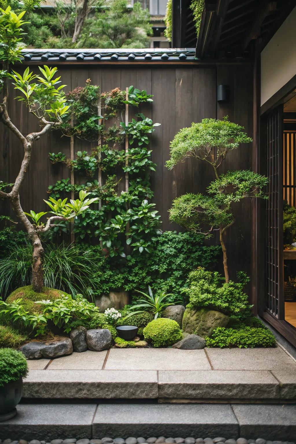 A Japanese-inspired vertical garden with lush greenery.