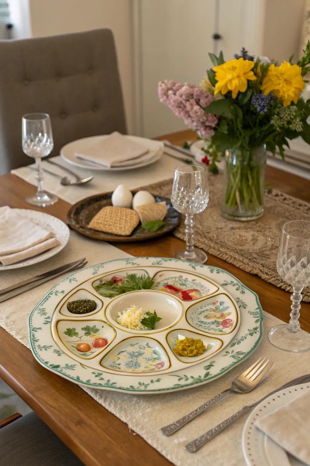 A decorative Seder plate enhancing a dining table's elegance.