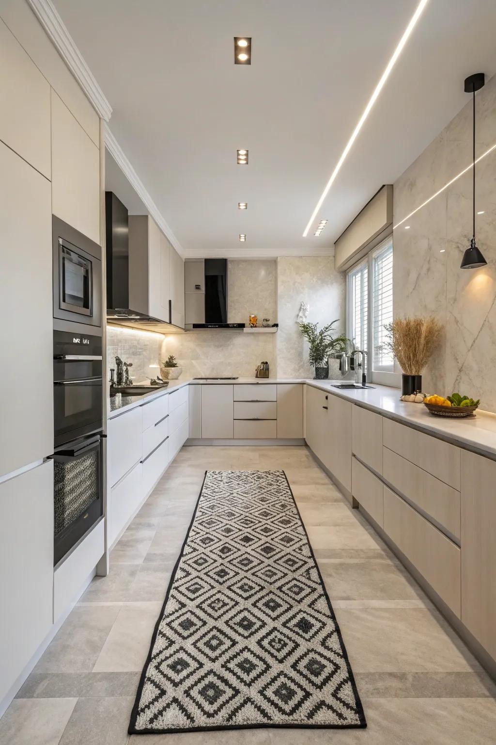 Monochrome rugs create a sleek and cohesive look in minimalist kitchens.