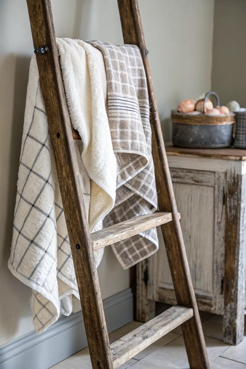 A towel ladder adds height and style to kitchen decor.