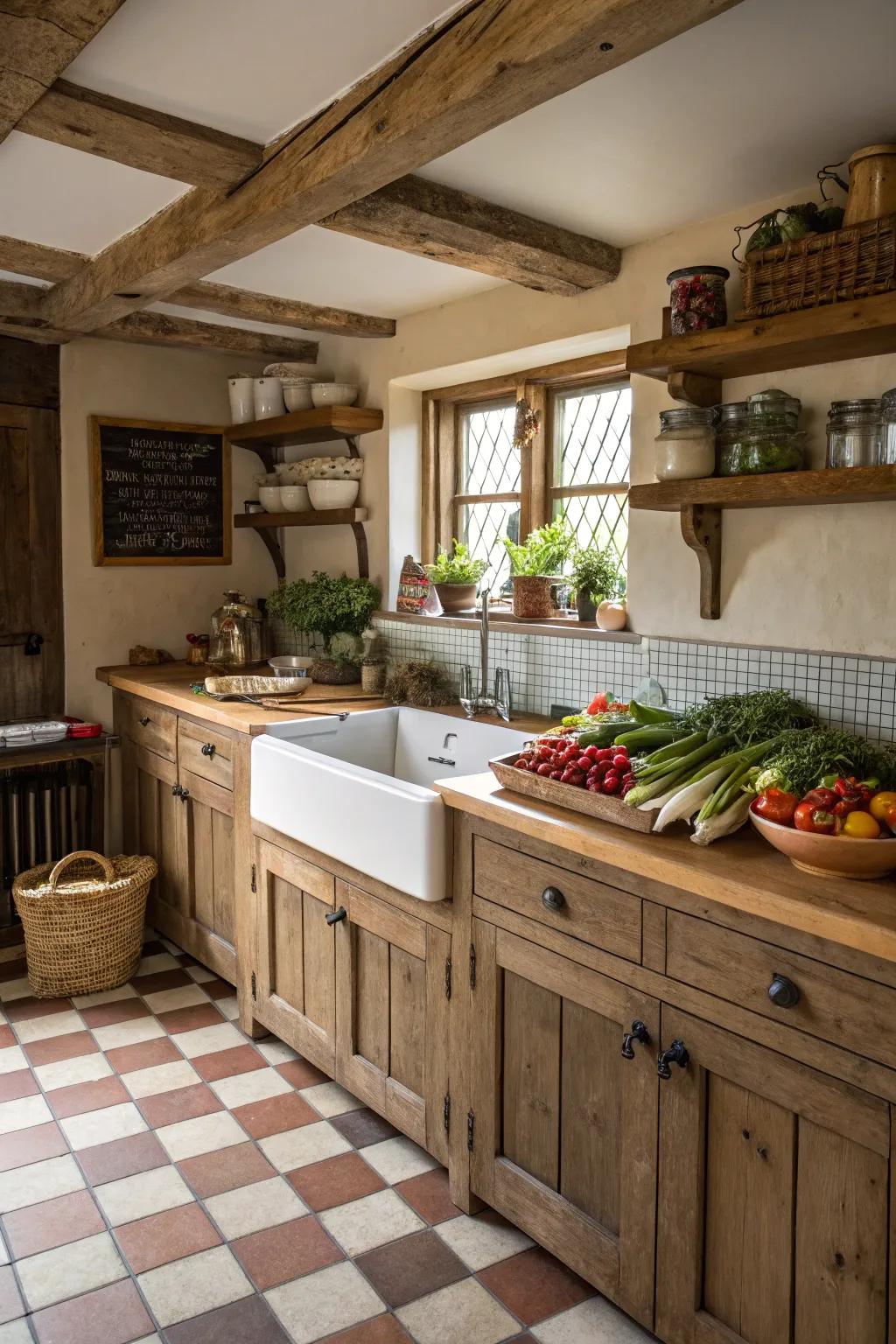 A farmhouse sink adds rustic charm and functionality.