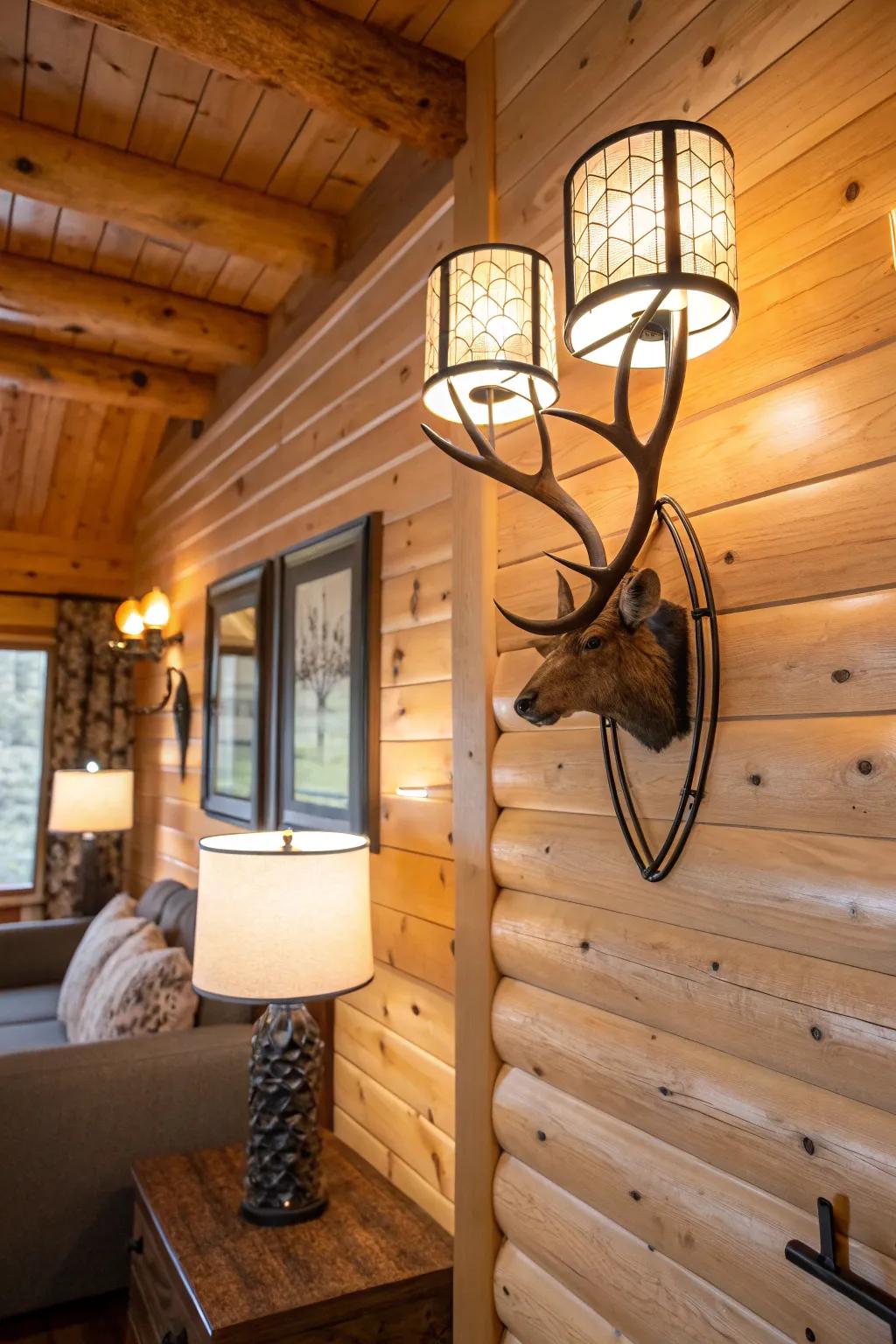 Unique lighting fixtures adding elegance to the rustic cabin.