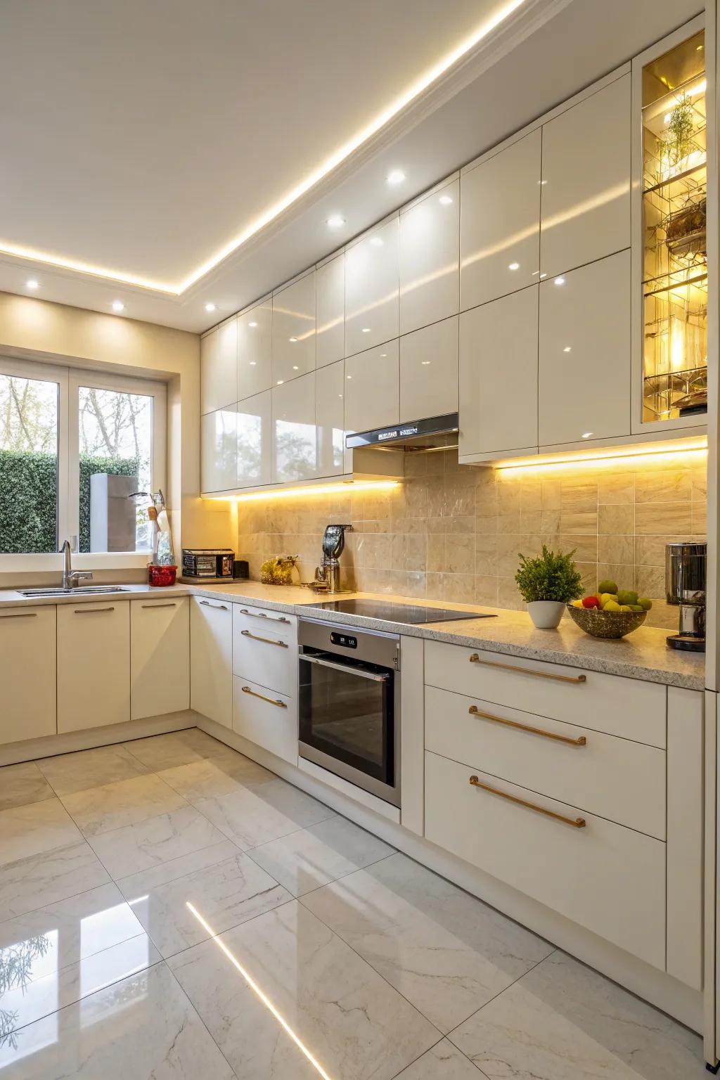 Glossy laminate backsplash reflects light to brighten the space.