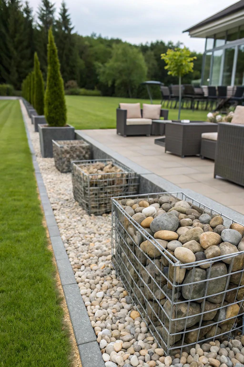 Gabion edging offers a contemporary and functional garden border.