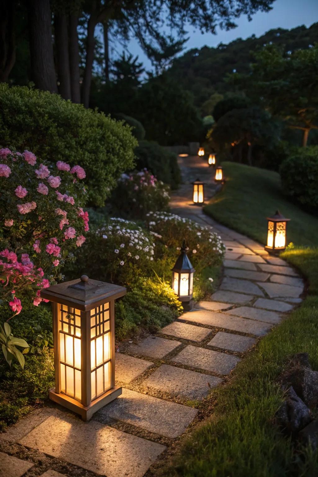 Timber lanterns cast a warm, inviting glow in the garden.