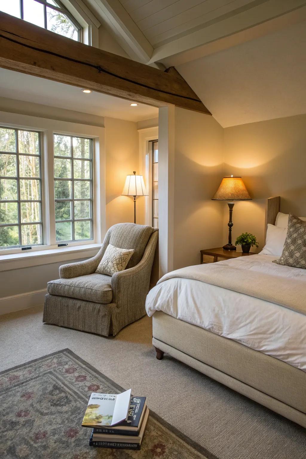 A reading nook offers a cozy escape within this large bedroom.