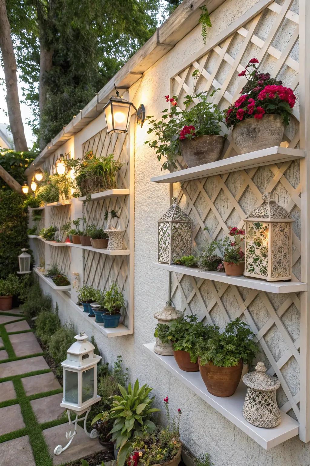 Showcase plants with stylish floating lattice shelves.