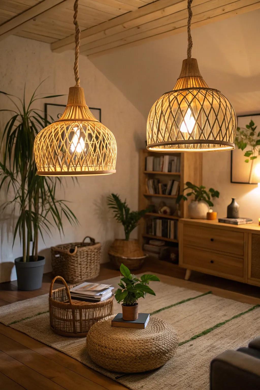Bamboo lights offer sustainable, natural elegance.
