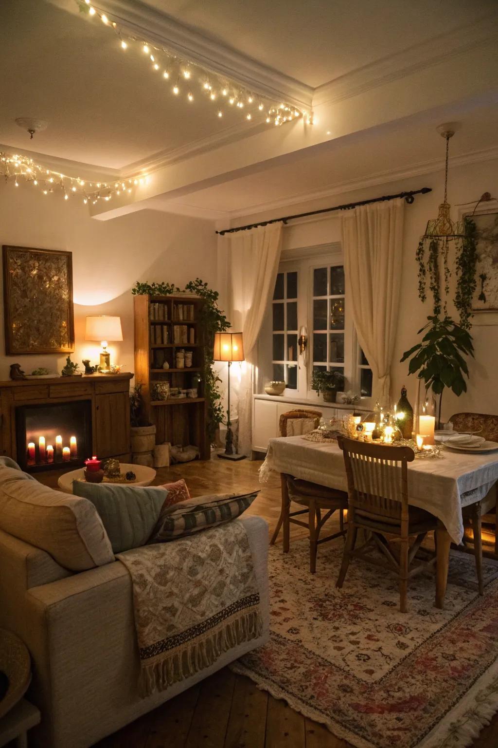 Low lighting creates a cozy, intimate ambiance perfect for relaxation.