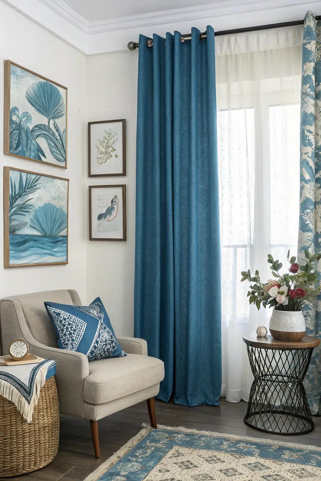 Art pieces with blue tones enrich the decor, beautifully complementing the blue curtains in this living room.