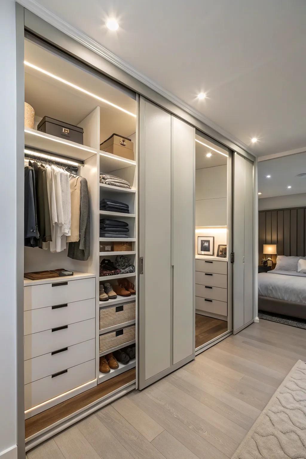 Hidden storage maintains a clean look.