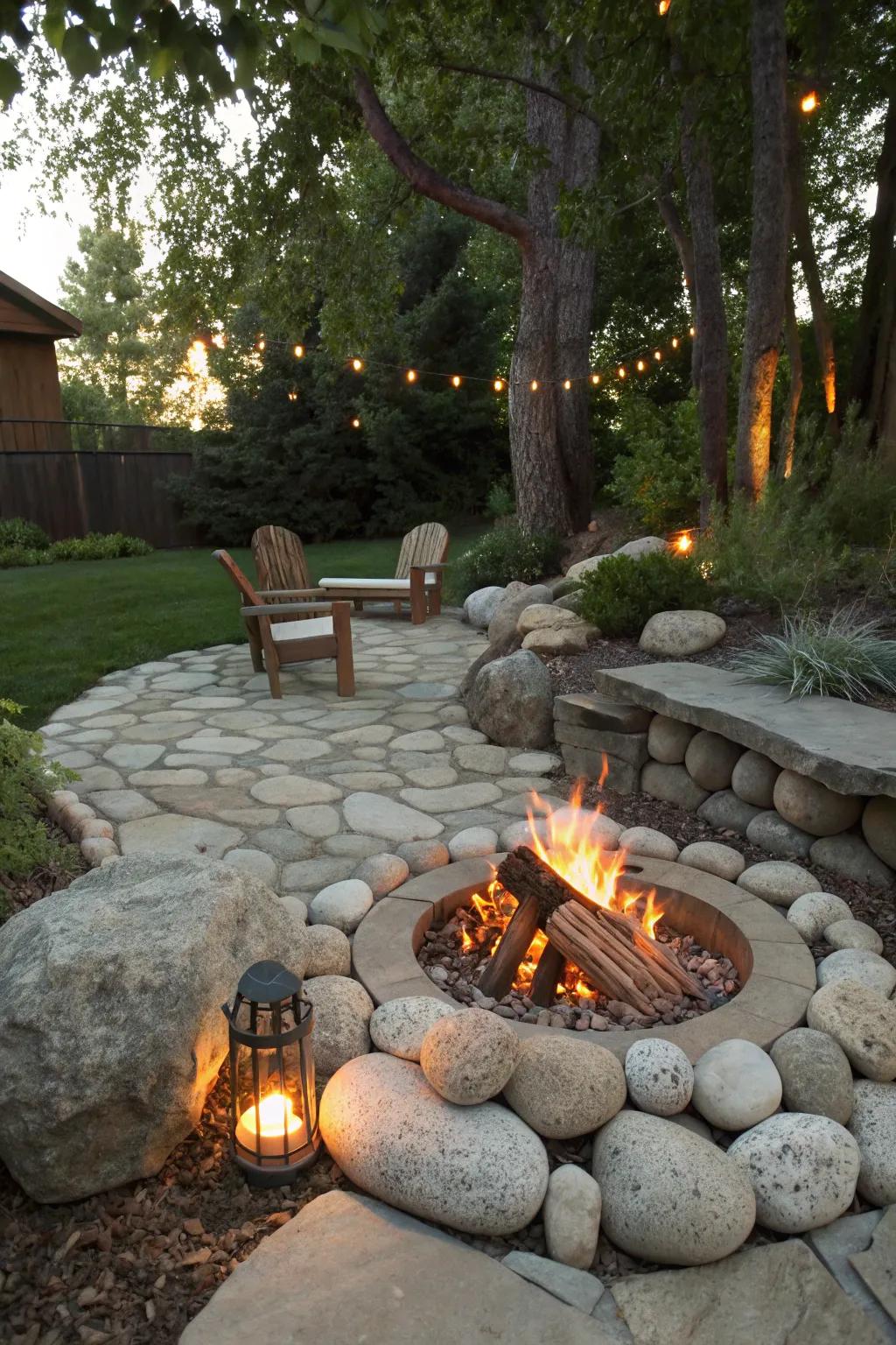 A rocky fire pit is perfect for cozy evenings.