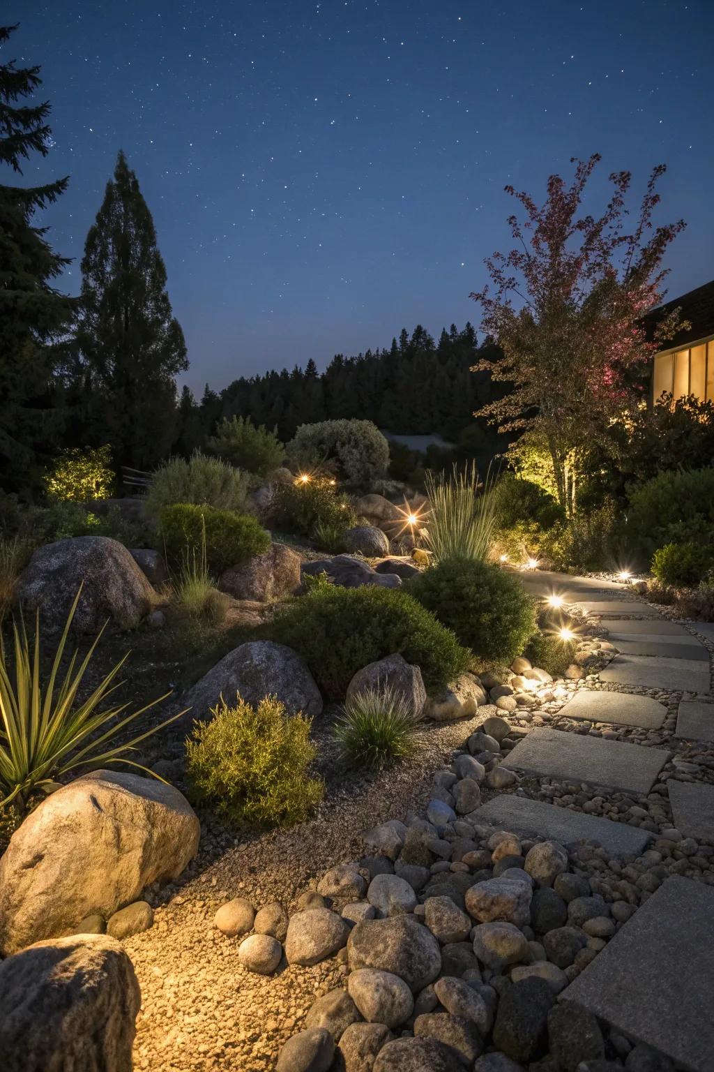 Night lighting adds a magical touch to a rock garden.