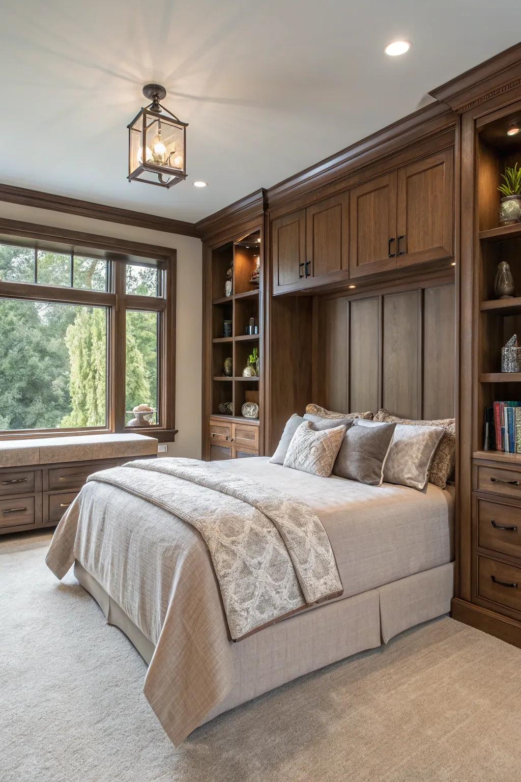 A luxurious bedroom featuring custom built-ins for a seamless design.