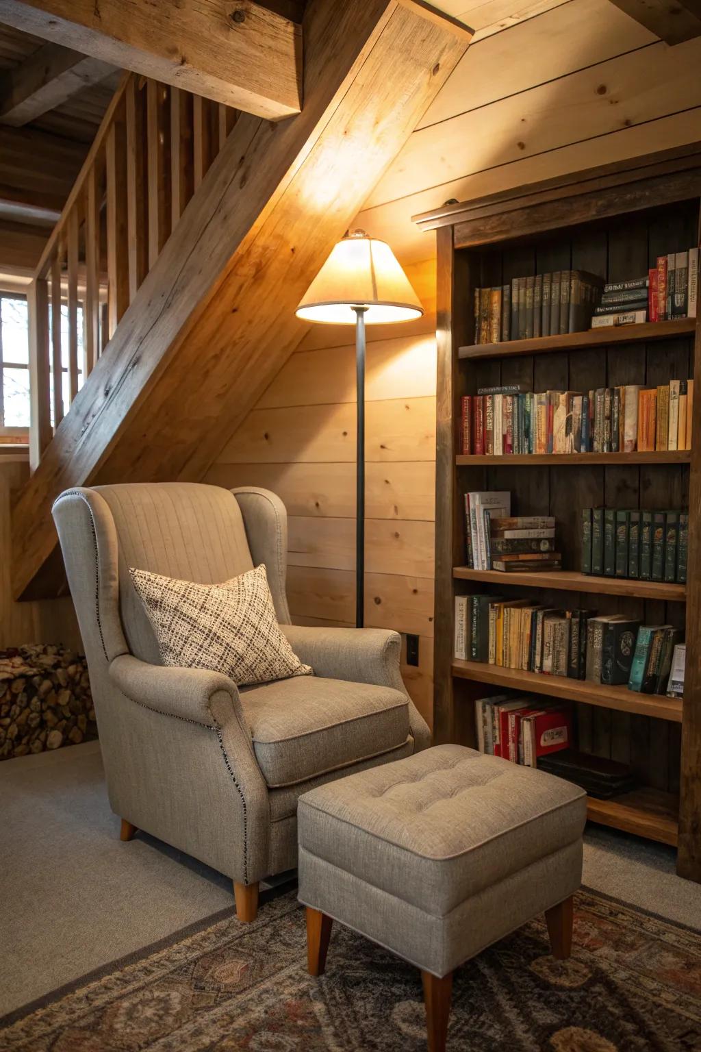 A cozy reading nook provides a quiet retreat in this man cave.