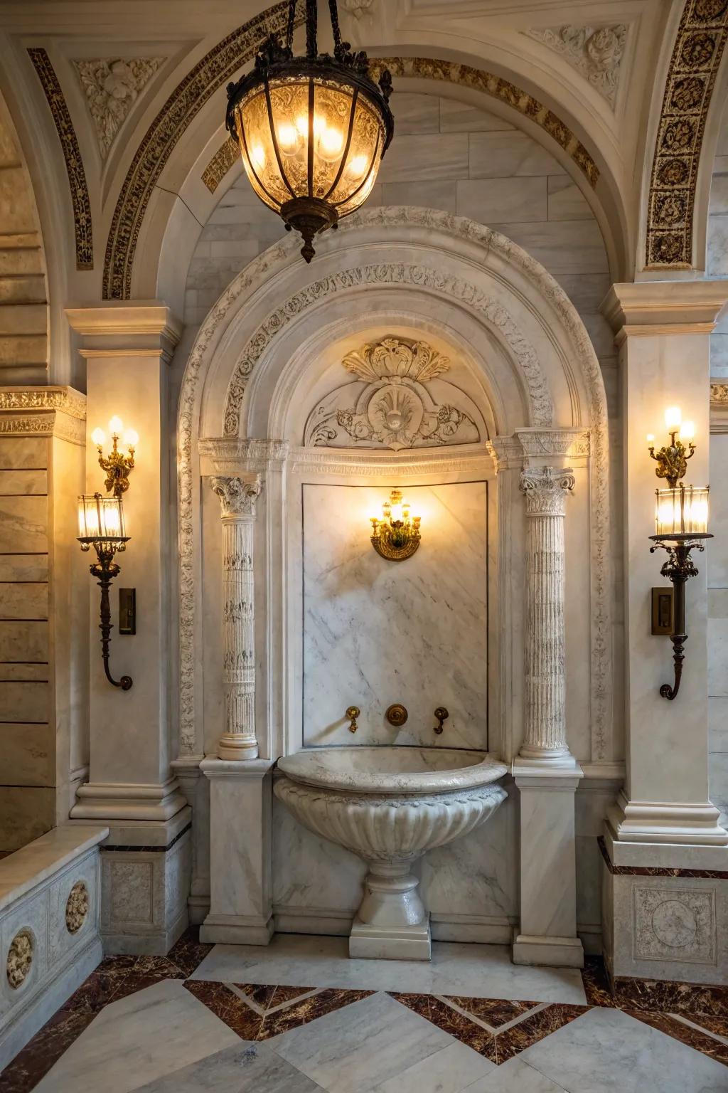 Vintage fixtures add classic charm to a marble niche.