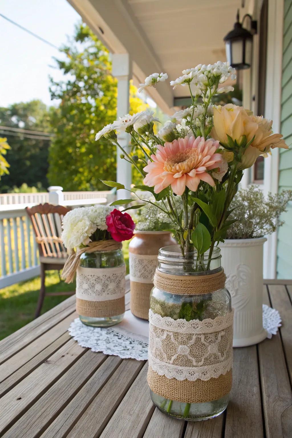 Rustic elegance with burlap-wrapped mason jars.