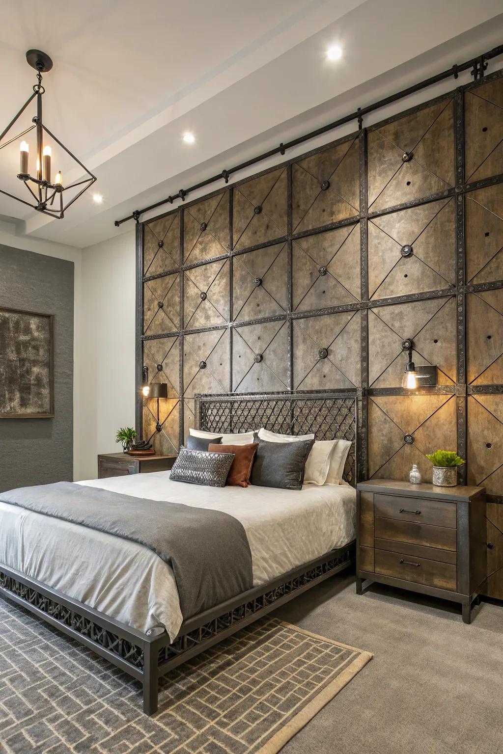Industrial chic elements bring an edgy vibe to your headboard wall.