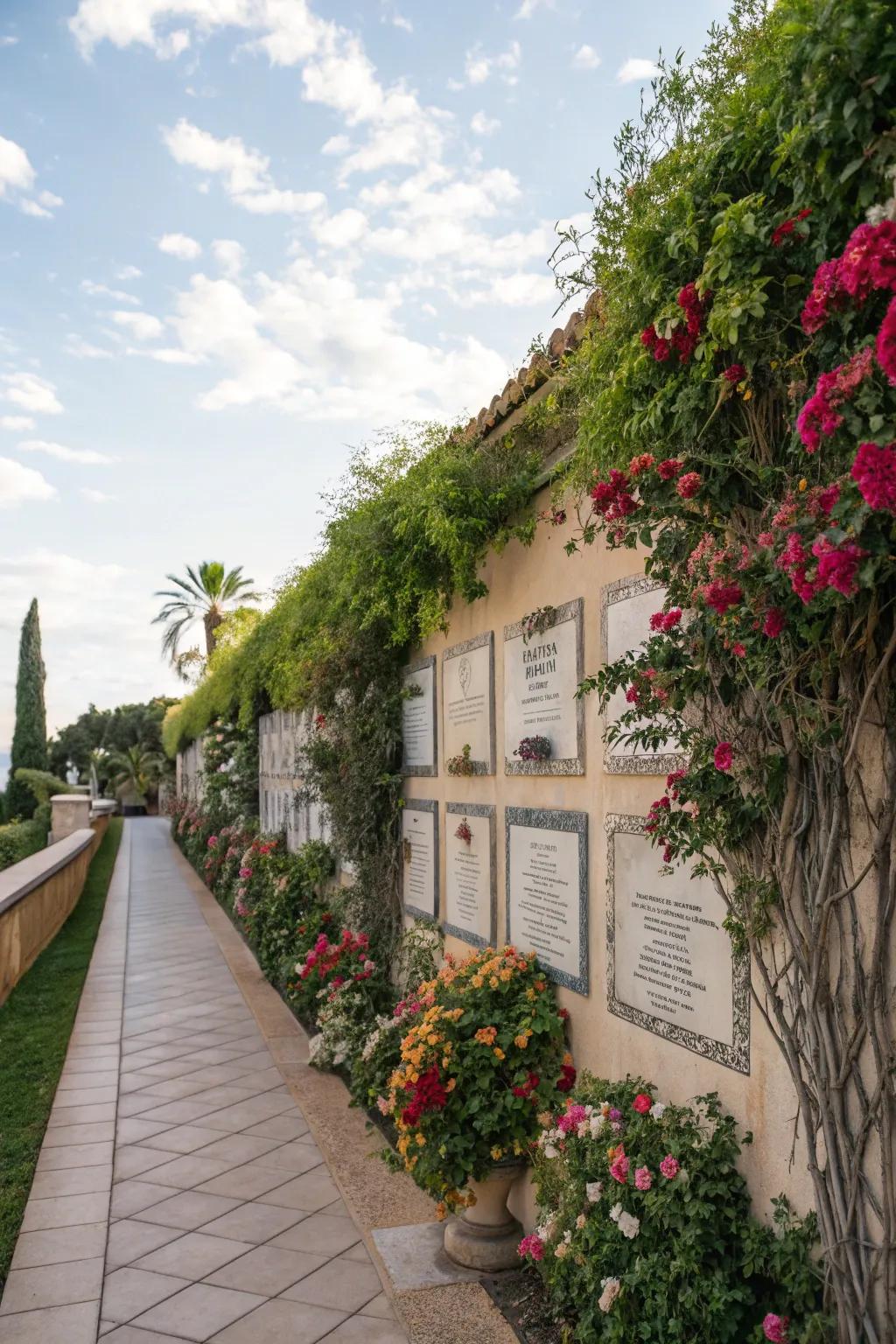 A tranquil garden memorial wall blending nature with cherished memories.