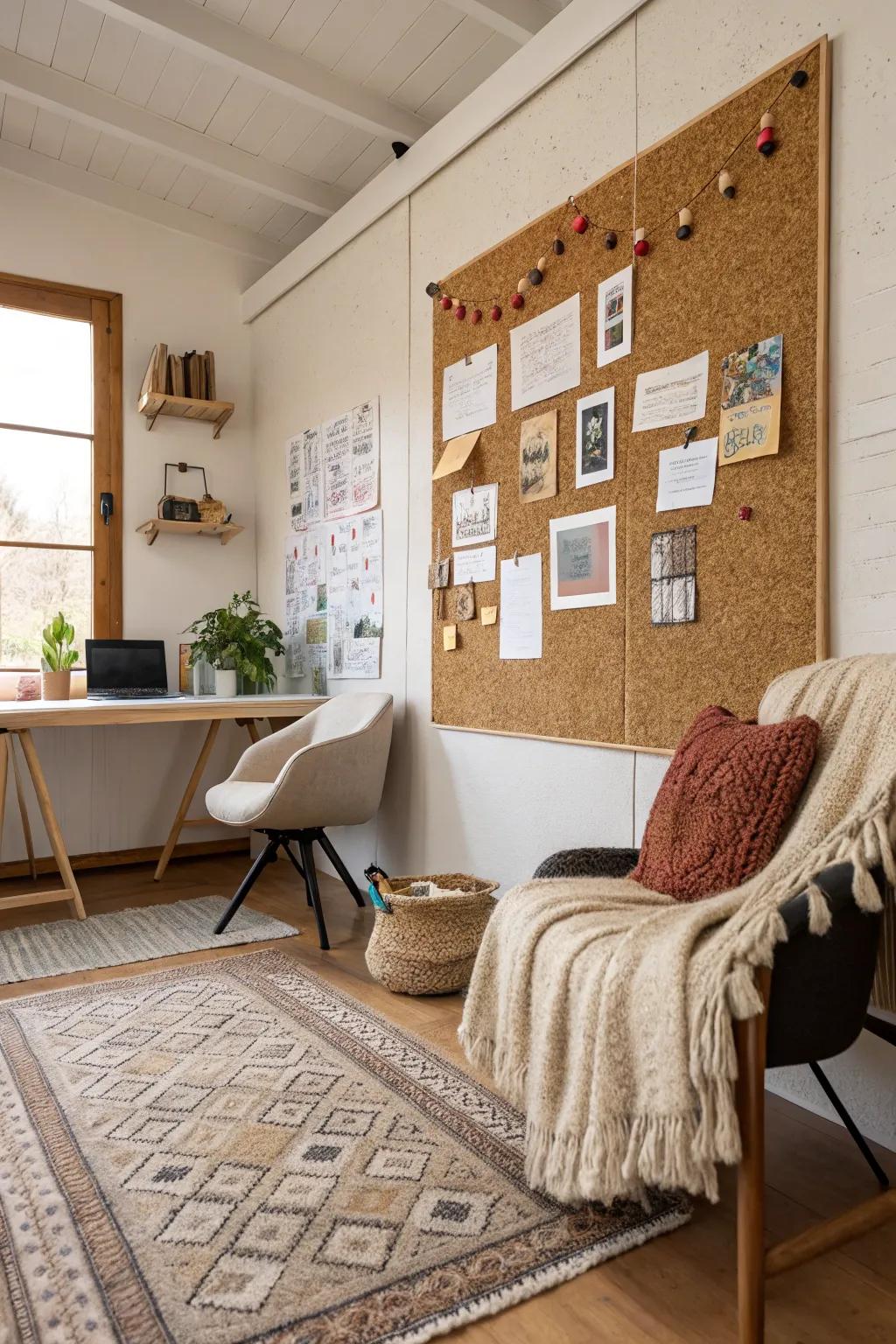 A cork board wall and wool accents add unique textures to the office.