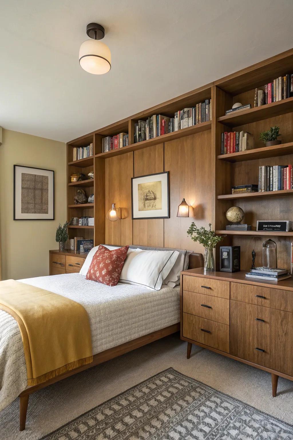 Sleek built-in shelving provides a seamless storage solution in this mid-century modern bedroom.