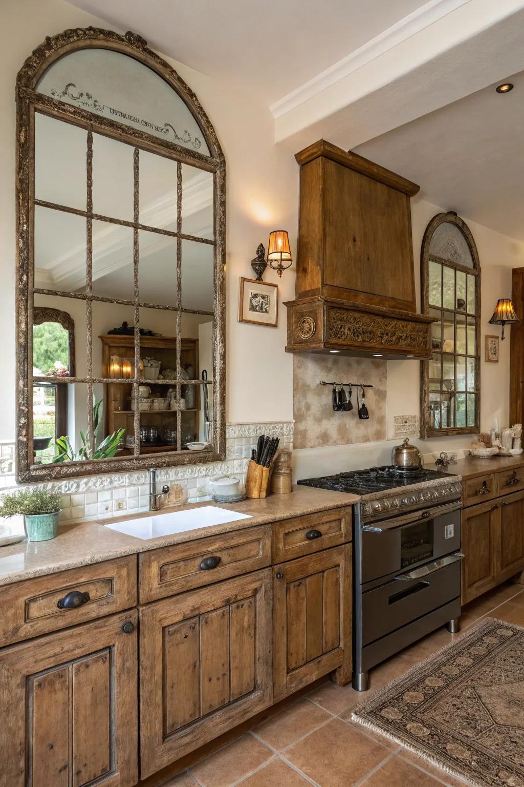 Patina-finished mirrors that add charm and warmth to the kitchen.